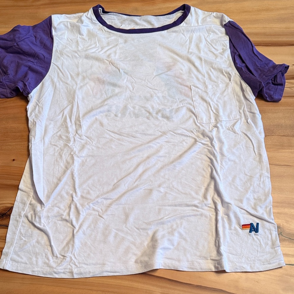 Aviator Nation White Tee with Purple Sleeves and Rainbow Hawaii Graphic - Picture 3 of 3